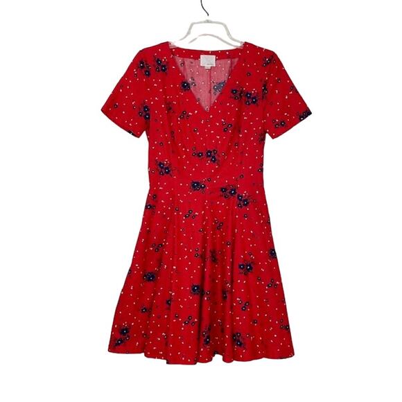 Band Of Outsiders Twee Red Mini Dress Blue Floral Print Cotton V Neck Full Skirt - Picture 4 of 13
